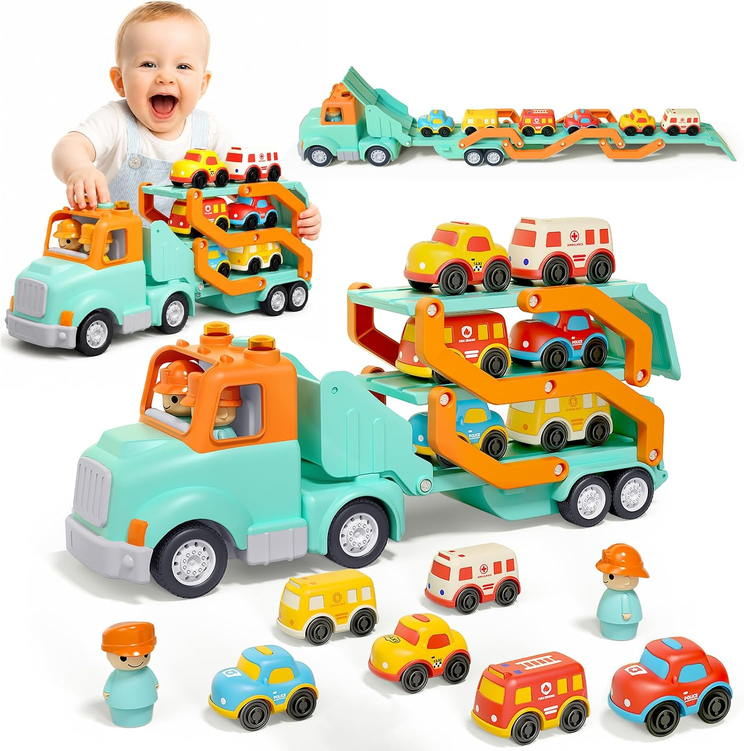 Veslier Toddler Truck Toys for Boys Girls Age 18M+, 30 in Foldable Track Trailer with Light and Sound Effects, Christmas Birthday Gift for 2 3 4 5 6 Year Old
