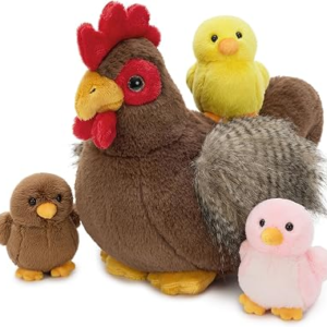 Chicken Plush with 3 Chicks, 14 Inch Wind Up Stuffed Animal Set | 4 Pcs Hen Stuffed Animal; Mother and Baby Plush; Wind-Up Chick Toy; Zipper Belly Storage; Easter Farm Animal Gift for Kids