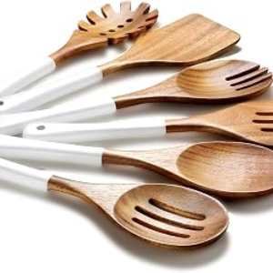 Wooden Spoons For Cooking, 6 Pieces Natural Acacia Wooden Cooking Utensils or Non-Stick Wood Kitchen Utensil Set for Kitchen Essentials, Wooden Cooking Utensils Set with Hanging Hole, White
