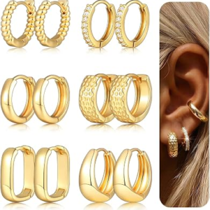 SHALL SHELL 6 Pairs Gold Hoop Earrings Set