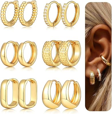 SHALL SHELL 6 Pairs Gold Hoop Earrings Set