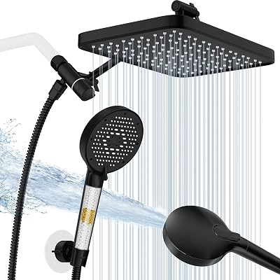 12 Inch Wide Rain Shower Head with Filtered Handheld Combo, High Pressure Rainfall Shower Head, 9 Spray Modes Handheld with 9-Inch Extension Arm, Comes with Filter Removes Chlorine(Black)