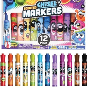 Scentos Scented Chisel Tip Markers 12 Pack, With Fruit Scent, 12 Assorted Colors, Different Fruity Each, Washable Markers, Marker for Kids, for Posters and Science Fairs, Super Washable Ink.