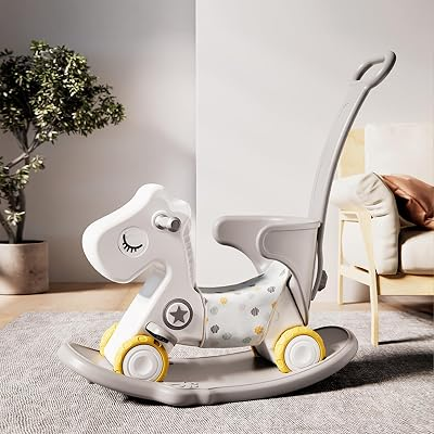 4-in-1 Rocking Horse for Toddler 1-3 Baby Ride On Rocker Push Car | HDPE Plastic,Indoor Outdoor Play,Convertible Design,Balance Board,Waker With Wheels,Bike,Play/Living Room,Birthday Gift,Grey