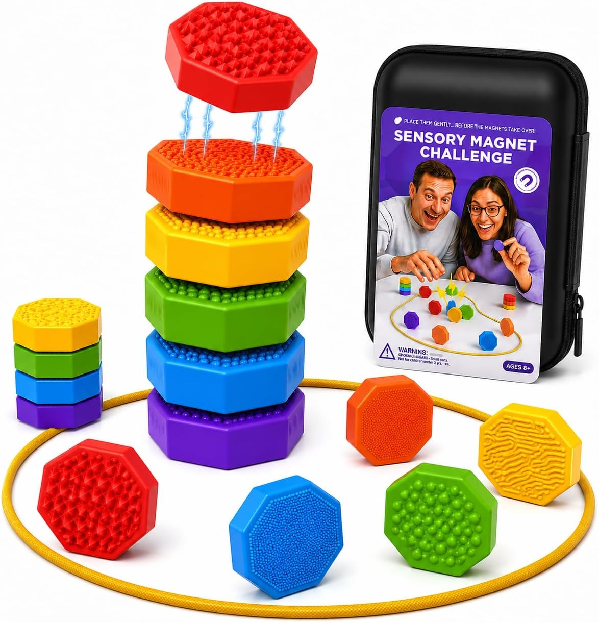 Magnetic Chess Game with Stones,Magnet Game with String - 18 Silicone-Covered Magnets Fidget Toy Textured Sensory Rock Toys Strategy Game for Stress Relief,ADHD, Travel Family Toys for Kids & Adults