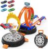 Toy Car Race Track Set for Kids Ages 4-8, Stunt Tire-Shaped Case Transforms into Race Course, 6 Cars in 1:64 Scale, 2 Ways to Play, Action Loop Cyclone Challenge & Speed Snap Track