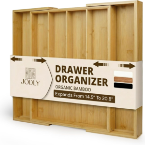 JODLY Bamboo Kitchen Utensil Drawer Organizer for Silverware | 100% Natural Expandable 14-20 Inch Kitchen Drawer Organizers for Utensils | Non-Slip Base | Screwed Joints for Long-Lasting Durability