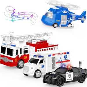 4 Pack Emergency Vehicles with Lights & Siren Sounds – Fire Truck, Ambulance, Police Car & Helicopter – Friction Powered Toys for Boys 3-6