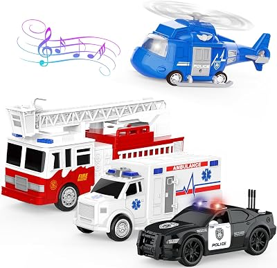 4 Pack Emergency Vehicles with Lights & Siren Sounds - Fire Truck, Ambulance, Police Car & Helicopter - Friction Powered Toys for Boys 3-6
