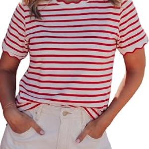 KEVAMOLLY Women Stripe Scalloped Cotton Blend T Shirt