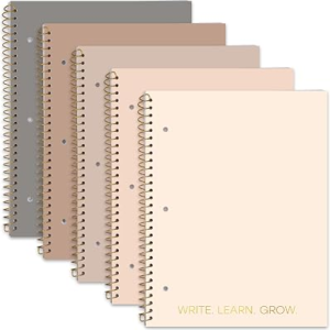 Decorably 5-Pack 140 Pages Gold Foiled Spiral College Ruled Notebook Set | 8×10.5in Spring Bound, 3-Hole Punched and Easy Tear-Off Perforated Design, Lined Pages – Work, School, Office