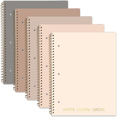 Decorably 5-Pack 140 Pages Gold Foiled Spiral College Ruled Notebook Set | 8x10.5in Spring Bound, 3-Hole Punched and Easy Tear-Off Perforated Design, Lined Pages - Work, School, Office