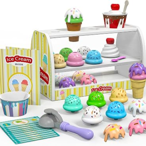 Ice Cream Play Set for Kids – Pretend Play Toy Gifts for 3 4 Year Old Girl | Ice Cream Counter Shop Food with Apron, Scoop, Menu, Fake Money, Toys for Boys Toddlers Ages 3-5