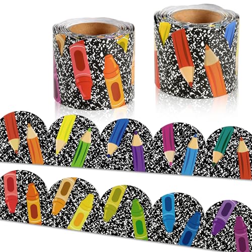 72Ft Bulletin Board Borders Crayon Pencil Rainbow Classroom Decorations, Black and White Scalloped Rolled Border Trim for Teacher Back to School Bulletin Board Classroom Home Wall Door Supplies