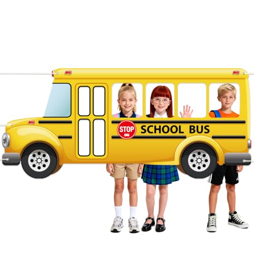 72x34 Inch School Bus Photo Booth Prop Selfie Frame, Back to School Backdrop Banner First Day of School Teacher Appreciation Week Welcome Party Decoration Sign Students Birthday Yellow Bus Supplies