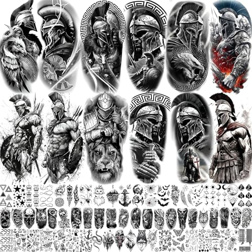 74 Sheets Large Spartan Warrior Temporary Tattoos For Men Women Half Arm Sleeve, 3D Long Lasting Temp Bulk Halloween Knight Waterproof Black Realistic Gladiator Fake Tattoo Sticker For Adults