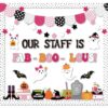 75Pcs Halloween Bulletin Board Decorations Set, Our Staff is Fab-Boo-Lous Halloween Pink Classroom Decor, Cute Boo Ghost Bat Paper Cutouts for School Office Door Wall Decor