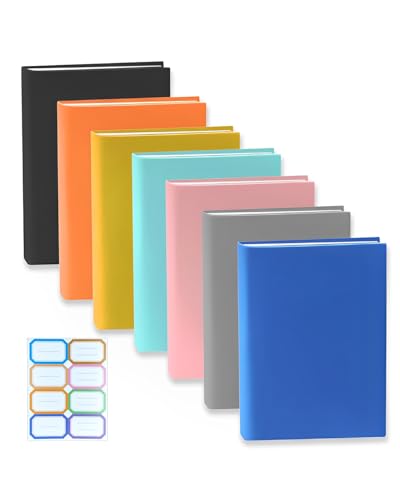 7 Pack Jumbo Stretchable Book Covers – 9x11 Inch Washable Fabric Protectors for Hardcover Textbooks, Reusable Adjustable Book Jackets with Bonus Labels & Ribbon Bookmarks (7 Assorted Colors)