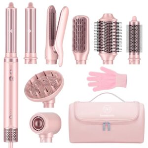 8-in-1 Hair Styler & Hair Dryer Brush Set, Dual Voltage Ionic Blow Dryer with Wrap Curlers & Hair Straightener, Fast Drying Volumizing Curling Straightening, No Heat Damage, Gifts for Women