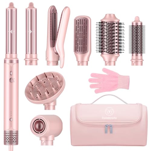 8-in-1 Hair Styler & Hair Dryer Brush Set, Dual Voltage Ionic Blow Dryer with Wrap Curlers & Hair Straightener, Fast Drying Volumizing Curling Straightening, No Heat Damage, Gifts for Women