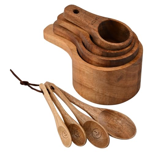 8-Piece Acacia Wood Nesting Measuring Cups and Spoons Set, Laser Engraved Precision Markings, for Baking & Cooking, Gift for Bakers Chefs Home Cooks, Rustic Farmhouse Kitchen Decor