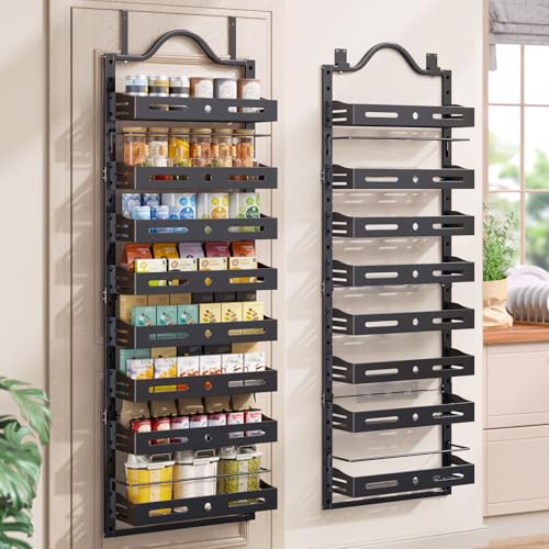8-Tier Pantry Door Organizer, Large 2 IN 1 Wall Mount or Over The Door Pantry Organizer, Pantry Door Spice Rack with Adjustable Baskets, Over Door Organizer for Kitchen,(72.6×17.1×5.1in,Black)