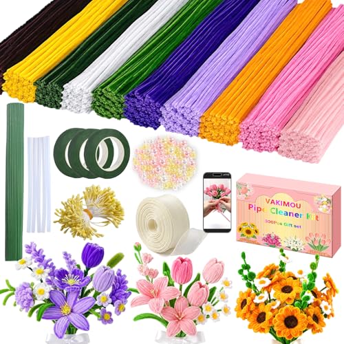 800 PCS Pipe Cleaner Craft kit, Pipe Cleaner Flower Kit with Instruction,10 Color Chenille Stems, DIY Art Craft Supplies,Handmade Gifts, with Pearl, Flower stem,Tape, Stamen