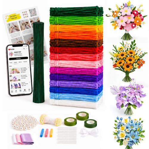800PCS Pipe Cleaners Craft, 14 Colors Pipe Cleaner Flower Kit with Handle, Chenille Stems Craft Kit with Manual & Video Tutorial, DIY Pipe Cleaner for Home Arts and Crafts Decorations Supplies