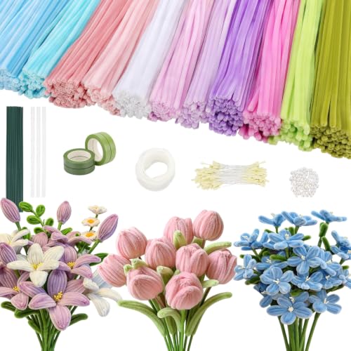 800Pcs Pipe Cleaners Flower Making Kit, 13 Colors Craft Stem Set with Instruction, Floral Tapes, Hot Glue Sticks & Gift Ribbon for DIY Bouquet, Birthday Party Supplies, Home Decor