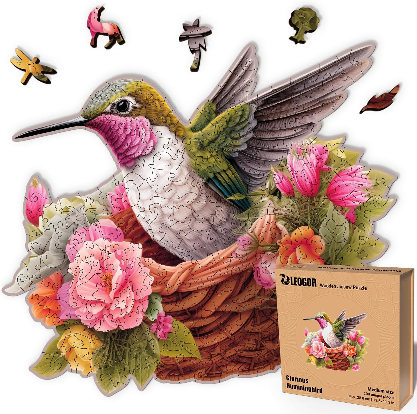 LEOGOR Wooden Jigsaw Puzzles for Adults 200 Pieces (13.5 × 11.3 in), Hummingbird Puzzle, Extra-Thick 5mm Wood, 30 Unique Animal-Shaped Pieces, Premium Gift for Adults and Teens