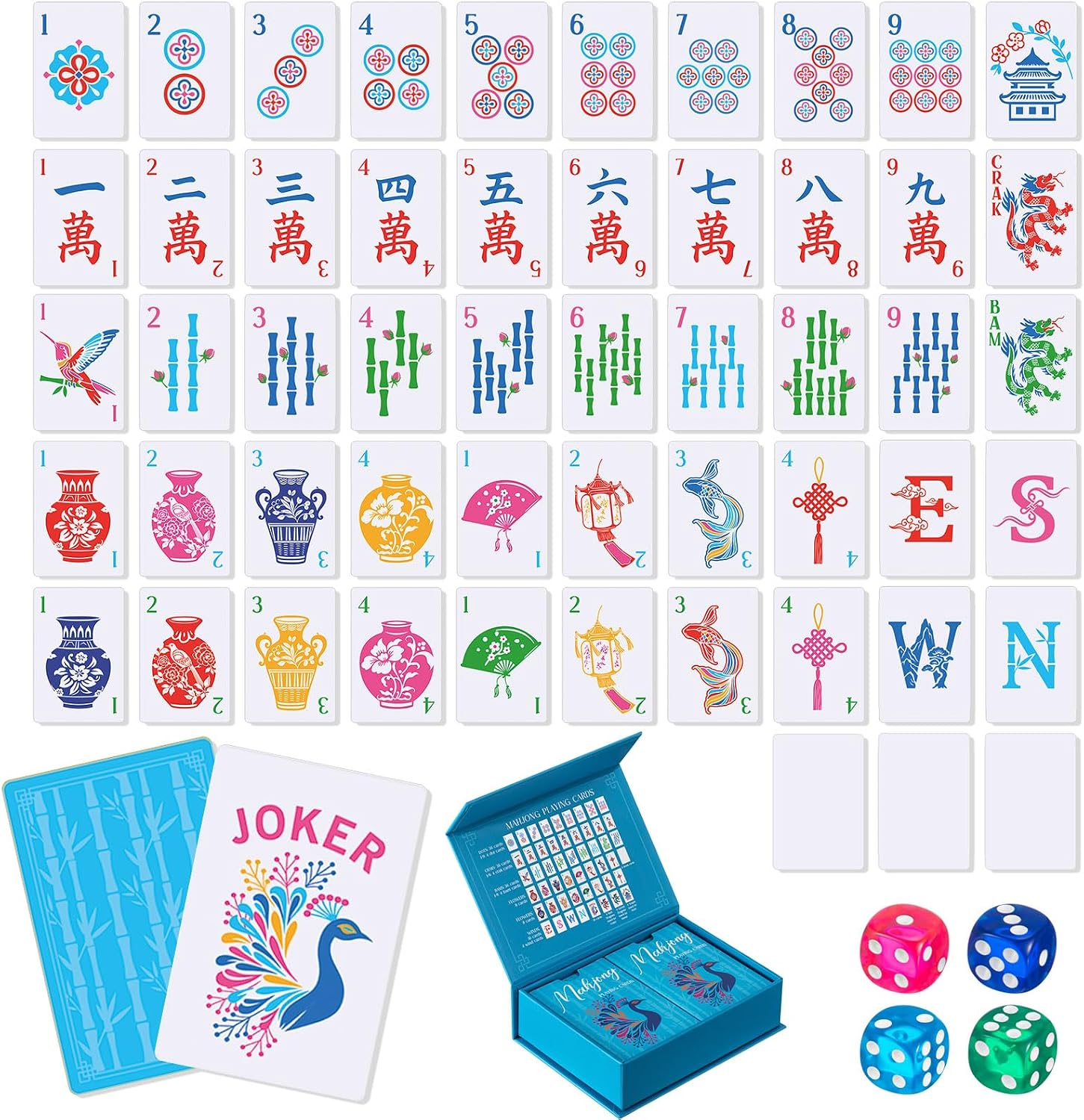 Soulchen 168 Pcs Premium American Mahjong Playing Cards, Large Print PVC Card Set with 4 Dice & Storage Case, Blue Porcelain Inspired, Easy-to-Read Mahjong for Adults, Seniors, Travel, Gift Giving