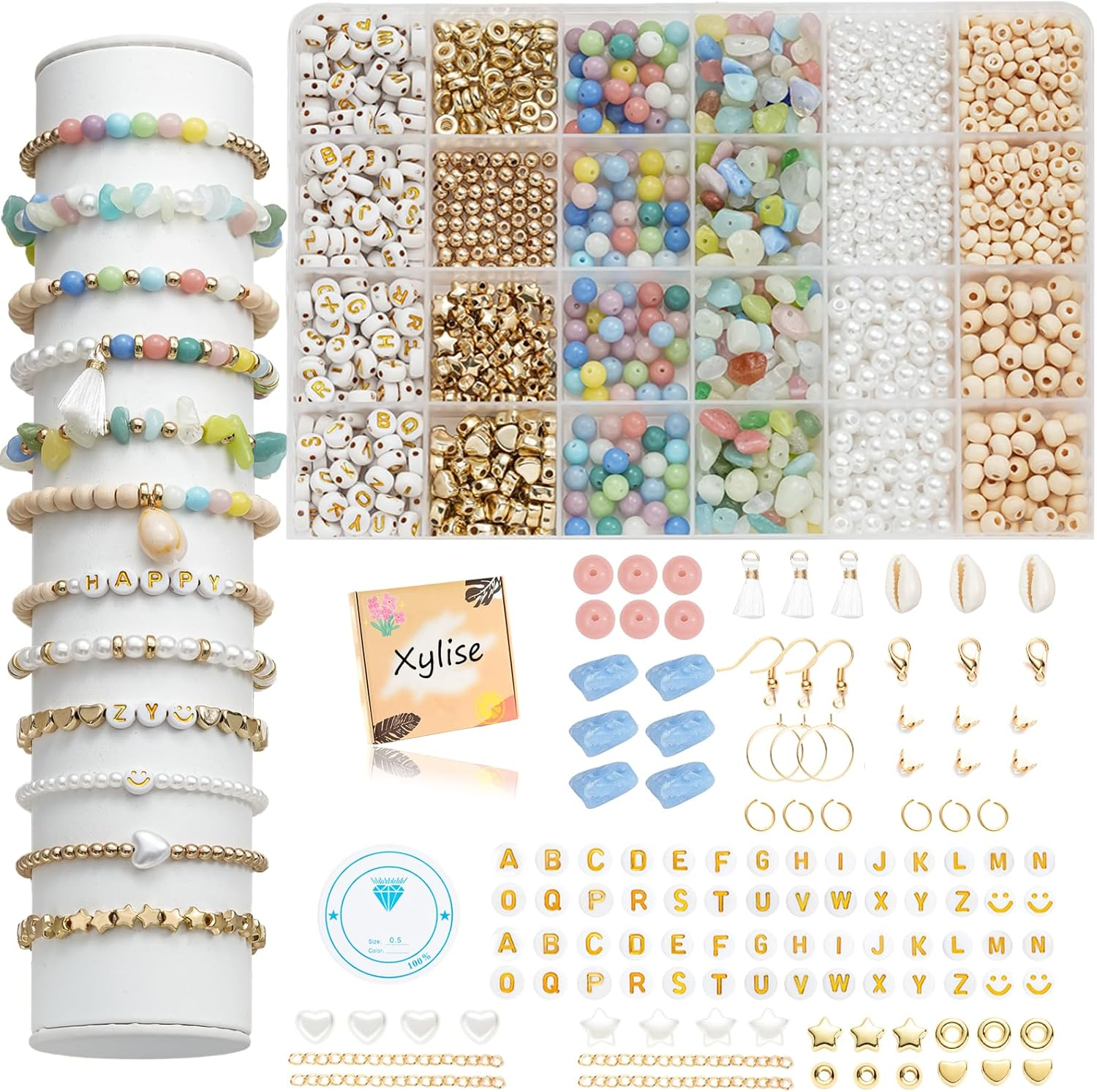 Xylise DIY Jewelry Making Kit, 1000+ Beads with Letters, Turquoise and Pearl Beads, Gold Charms, Bracelet Supplies (Colorful)