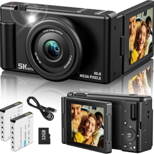 True 5K Digital Camera for Photography, Autofocus 80MP with 18X Digital Zoom, 3″ 270° Flip Screen Selfie Camera for YouTube Vlogging & Content Creation, 2 Batteries, 32GB Card & Flash，Black