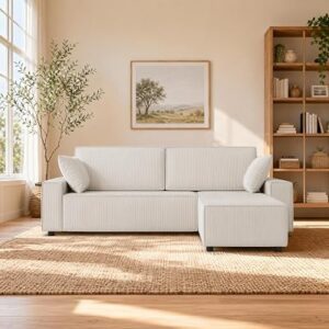 Boneless Cloud Couch, 96″ l-Shaped Sleeper Sofa with Chaise Lounge, Premium Corduroy Fabric, 1200 Lbs Support, Modern Small Couch for Living Room