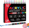 12 Colors Permanent Acrylic Paint Markers – Brush Tip Pens set for Rocks Wood Glass Ceramics Fabric Paint for Coloring,Painting,DIY Drawing for Adults