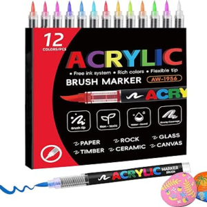 12 Colors Permanent Acrylic Paint Markers – Brush Tip Pens set for Rocks Wood Glass Ceramics Fabric Paint for Coloring,Painting,DIY Drawing for Adults