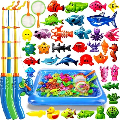CozyBomB™ Magnetic Fishing Toys Game Set for Kids | Water Table Bathtub Kiddie Pool Party Pole Rod Net, Outdoor Plastic Floating Fish, Toddler Bath Color Ocean Sea Animals Birthday Gift Age 3-5 6 4-8