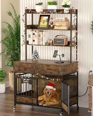 Dog Crate Furniture with LED Light & 2 Storage Drawers