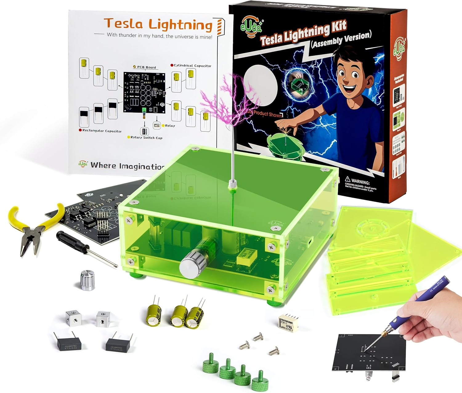 eUda+ STEM Tesla Lightning Kit for Kids&Adults Science Kits for Kids Age 12-14 Build Your Tesla Coil Kit Stem Kits for Kids Age 14-16 Soldering Practice Kit for Beginners 12+ (Soldering Version, RFG)
