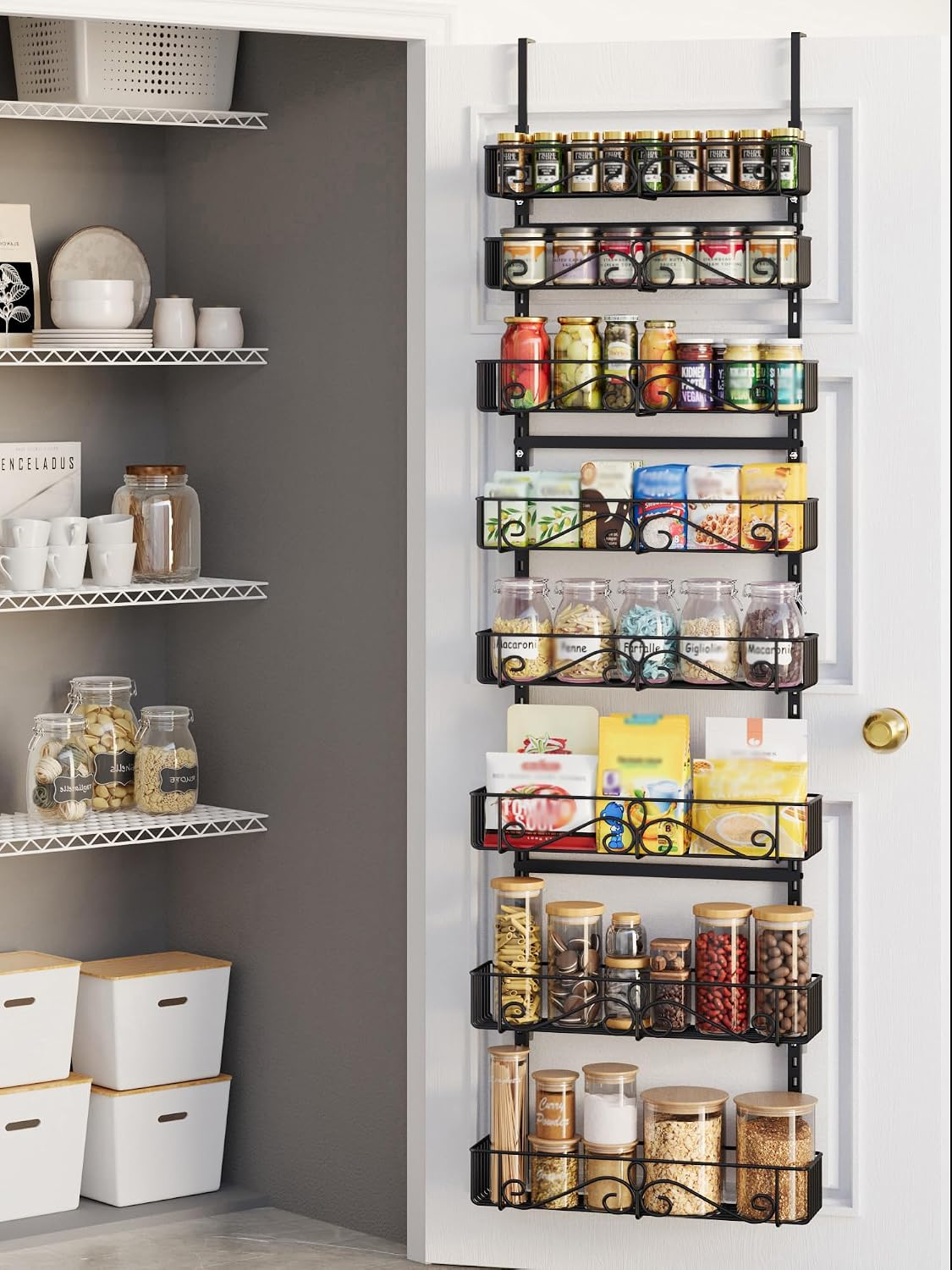 NQW 8-Tier Over Door Pantry Organizer,Heavy Duty Adjustable Metal Shelf for Pantry, Black