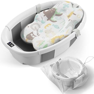 Collapsible Baby Bathtub – Large Baby Bath Tub with Thermometer & Cushion | Travel Portable Newborn Infant Bathtub | Foldable Toddler Bathtub for Baby 0 to 36 Months (Grey)