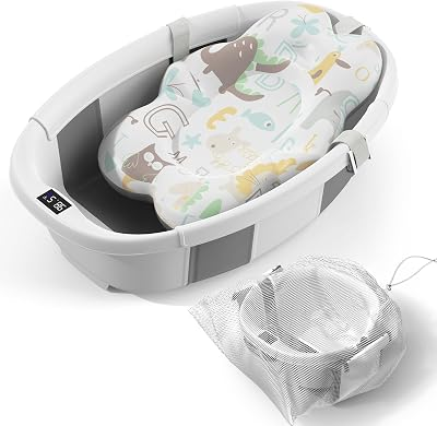 Collapsible Baby Bathtub - Large Baby Bath Tub with Thermometer & Cushion | Travel Portable Newborn Infant Bathtub | Foldable Toddler Bathtub for Baby 0 to 36 Months (Grey)