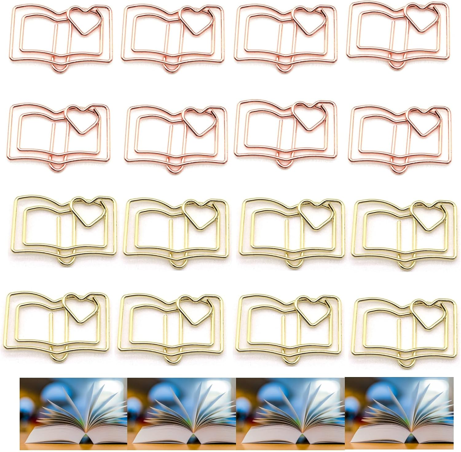30 Pcs Metal Book-Shaped Paper Clips Set - Cute Gold & Rose Gold Paperclips for Document Organization, Bookmark, & Office Desk Decor