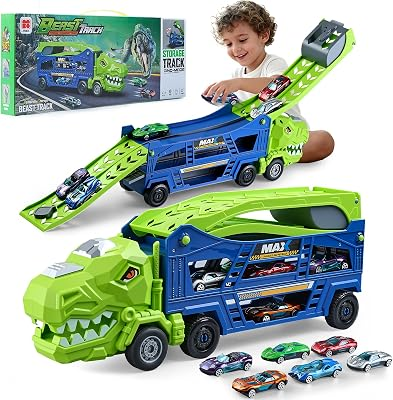 Dinosaur Truck Toys for Kids 3-5 - Transporter Carrier Trucks with 6 Die-Cast Cars Toys, 3 in 1 Truck with 2 Foldable Race Tracks, Christmas Birthday Gifts Toys for 3 4 5 6 Years Old Boys(Jungle Blue)