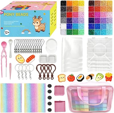 MOOB 26,000 Pcs 2.6mm Mini Fuse Beads, 48 Colors Melty Beads Kit with 4 Pegboards, 2 Shiny Ironing Sheets, 1 Tweezers & 1 Pink Storage Bag, Arts and Crafts for Kids
