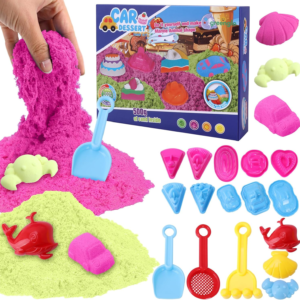 greenglo Kids Sensory Magic Sand Playset – 1.10 Lbs Color Sand Kit, 16 Pcs Molds (Cake/Dessert, car, sea Animal) & Tools, Ideal Sensory Bin for Boys & Girls Ages 3-8
