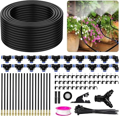 100FT Drip Irrigation Kit System for Garden 360° Adjustable Garden Sprinklers for Yard Watering System with 18 Nozzles Raised Bed Greenhouse Plant Watering Devices Misting System
