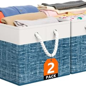 StorageTastic Storage Bin,Collapsible Storage Basket For Organizing,Large Storage Boxes With Rope Handles,Storage Containers,White & Blue,2 Pack