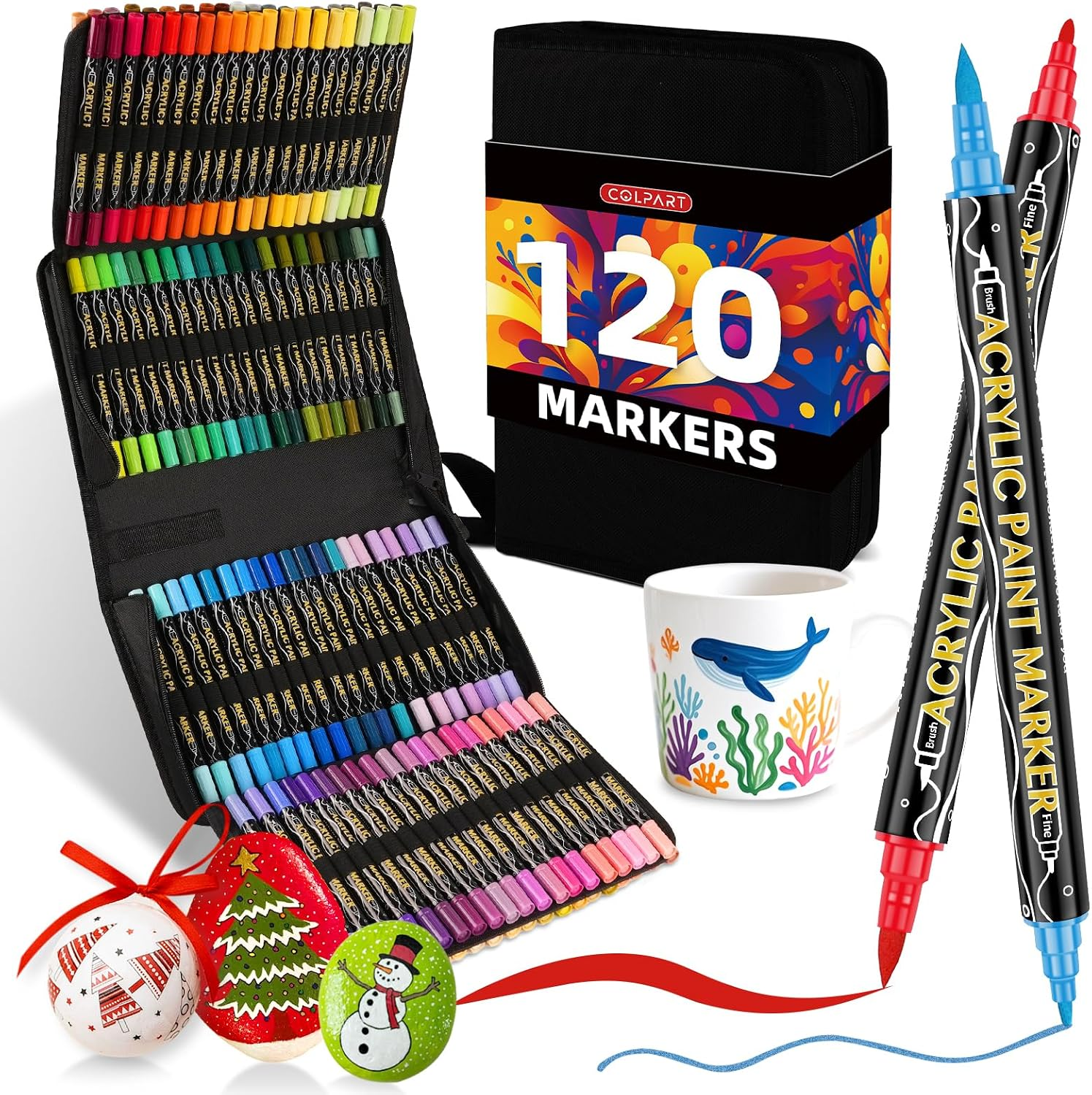 colpart Acrylic Paint Markers,120 Colors Dual Tip Acrylic Paint Pens,Brush Tip and Fine Tip Markers For Rock Painting,Easter Deco Plastic,Canvas And Diy Crafts Art Supplies
