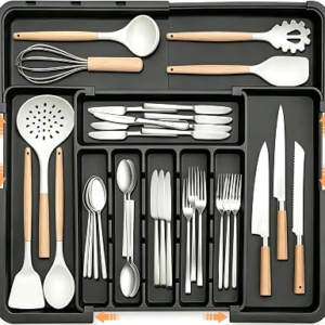 Spaclear Silverware Organizer Expandable Kitchen Utensil Drawer Organizer Large BPA Free Adjustable Cutlery Silverware Tray for Spoons Forks Knives Storage Divider for Kitchen Flatware 6-9 Slots Black